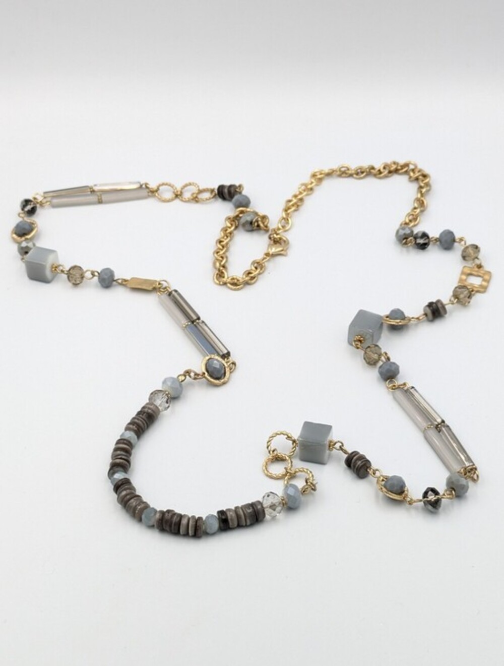 Long gold tone chain necklace mixed media beads
